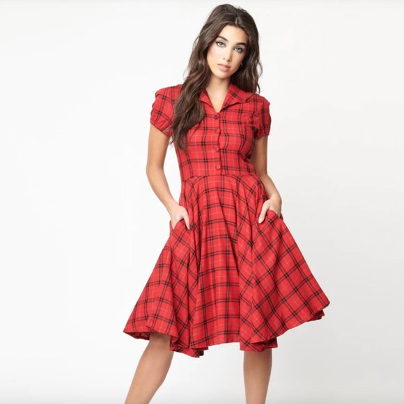 Unique Vintage Dresses & Skirts - Magnolia Place | Red and Black Plaid Mona Swing Dress with Collar Size 2X